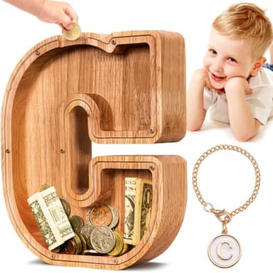 SummiDate Wooden Letter Piggy Bank| Piggy Bank for Boys Girls Toddler| Alphabet C Money Bank| Coin Bank Birthday Gift for Kids|Birthday Gift for Kids (C) - Image 1