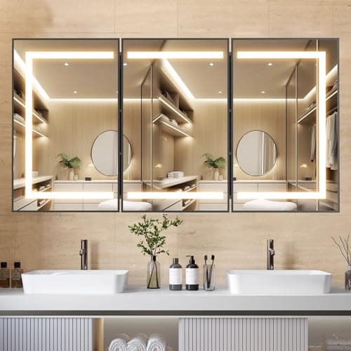 APRILSOUL 48X32 Inch Black Bathroom Medicine Cabinet with Mirror, Recessed or Surface Lighted Medicine Cabinet with 3 Colors Temperature, Dimmable Light - Image 1