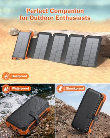 GOODaaa Power Bank Wireless Charger 36800mAh Solar Charger with Five Solar Panels Built-in Four Cable Five Outputs Portable Power Bank for Cell Phone with Dual Flashlights, Carabiner - Image 6