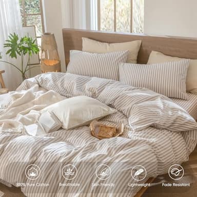 MooMee Striped Duvet Cover Set 100% Washed Cotton Linen Like Textured Breathable Durable Soft Comfy (Tannish Linen Grey White Classic Stripes, Super Queen 90"x98") - Image 4