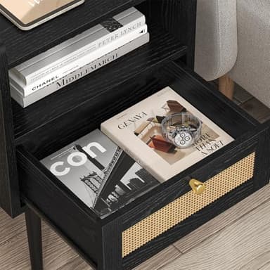 Night stand Set of 2, Bedside Tables with Charging Station, Rattan End Tables, Bed Side Tables, Wood Nightstands set of 2 for Farmhouse Kids' Room Bedroom Living Room Dorm Sofa Office Corner(Black) - Image 7