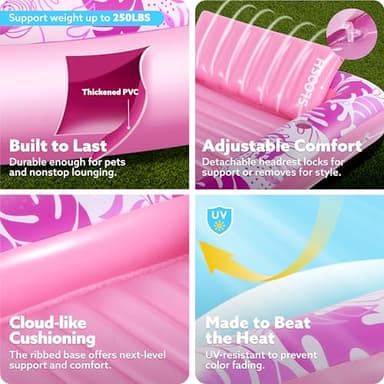 SLOOSH Inflatable Tanning Pool Lounger Float, 70" x 46" Pool Floats Adult with Pillow, 4 in 1 Suntan Tub Raft Floatie,Sunbathing Bed Lounge for Water Blow Up Kids Ball Pit Party Gifts, L-Hot Pink - Image 5