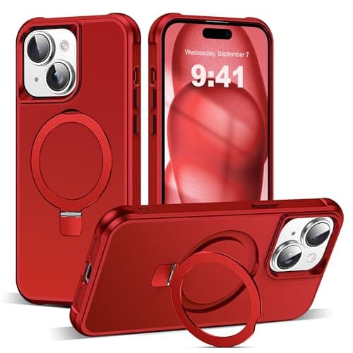 SKYLMW Compatible with iPhone 15 Case with Invisible Magnetic O-Ring Stand Military-Grade Case for iPhone 15 6.1" [Compatible with Mag-Safe][Great Grip Feeling], Red - Image 1