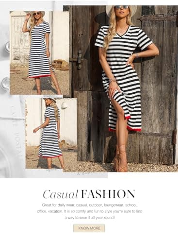 Dokotoo Maxi Dress Casual V Neck Short Sleeve Stripe Split Long Dresses for Women Graduation Dress Summer Dresses for Women 2025 Elegant ClassyBlack Large - Image 4