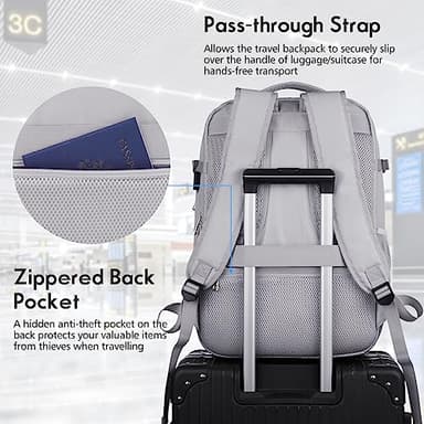 MOMUVO Large Travel Backpack Women, Flight Approved Carry On Backpack, Water Resistant Anti-Theft Large Casual Daypack Fit 17 Inch Laptop with USB Charging Port, Grey - Image 4