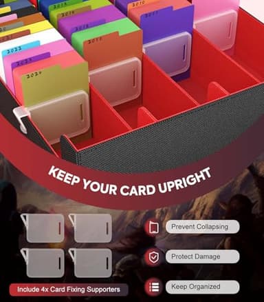 MoKo Trading Card Storage Box, 3000+ MTG Deck Box with 24 Colorful Dividers & 4 Card Supporters, Commander Card Deck Case Fits for Magic Game Cards, YugiOh, TCG, PTG and Sport Cards, Black Red - Image 4