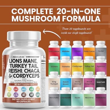 Clean Nutraceuticals Lions Mane 20in1 Mushroom Supplement with Turkey Tail Reishi Cordyceps Chaga Maitake Meshima Poria Cocos Shiitake Oyster Porcini Enoki - 1 Pack - Image 2