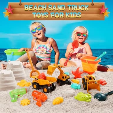 HUITEM Beach Toys for Kids, Sand Toys with 2 Collapsible Beach Bucket,3 Dump Truck,2 Sunglasses,Ocean Molds,Sandbox Shovel,2 Mesh Bag Sand Castle Building Kit Travel Beach Essentials for Toddler 3-10 - Image 2