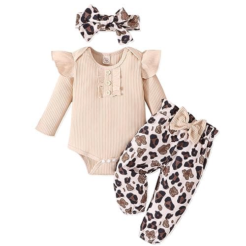 GDTOGRT Baby Girl Clothes Infant Outfits Ruffle Sleeve Romper and Pants with Cute Headband Sets Baby Clothes for Girls 12-18 Months - Apricot - Image 1