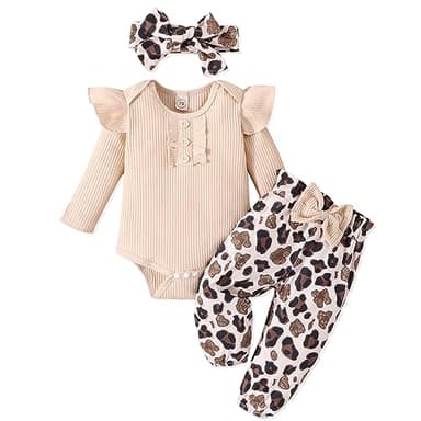 GDTOGRT Baby Girl Clothes Infant Outfits Ruffle Sleeve Romper and Pants with Cute Headband Sets Baby Clothes for Girls 12-18 Months - Apricot - Image 1