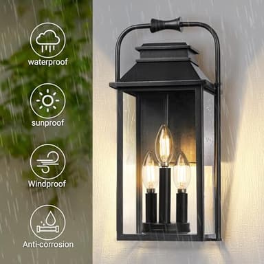 [Upgraded]PARTPHONER Outdoor & Indoor Light Fixture, 3-Lights Front Porch Light Fixtures with E12 Sockets & Glass Shade Anti-Rust Waterproof Black Wall Mount Lantern Sconce for House Gate Garage Patio - Image 8