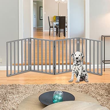 Pet Gate - 4-Panel Indoor Foldable Dog Fence for Stairs, Hallways, or Doorways - 72x24-Inch Retractable Wood Freestanding Dog Gates by PETMAKER (Gray) - Image 2
