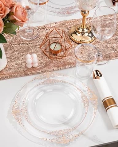 Nervure 350PCS Rose Gold Plastic Plates - Rose Gold Plastic Dinnerware Sets for 50 Guests - 100 Disposable Plates, 150 Silverware, 50 Cups, 50 Napkins for Wedding & Party - Image 2