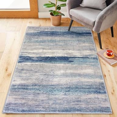KOZYFLY 3x5 Rug Modern Ombre Living Room Area Rug, Washable Rugs for Bedroom Non-Slip Soft Stain Resistant Striped, Print Distressed Sky Blue Abstract Carpet for Living/Laundry/Kid Room - Image 3