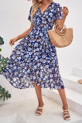 PRETTYGARDEN Women's Summer Floral Boho Dress Wrap V Neck Short Sleeve Ruffle A-Line Flowy Maxi Wedding Guest Dresses (Navy White Floral,Large) - Image 7