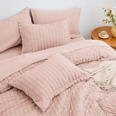 Love's cabin Seersucker Pink Twin Comforter Set 5 Pieces, All Season Bedding Set, Twin Bed in a Bag Comforter Set with Comforter, Flat Sheet, Fitted Sheet, Pillowcase and Pillow Sham - Image 6