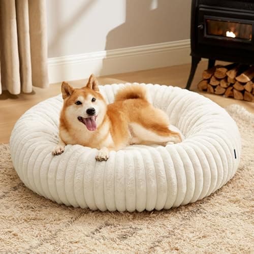 Bedsure Donut Large Dog Bed - Washable Faux Fur with Corduroy Fleece & Anti Slip Bottom, Round Pet Bed with Removable Cover, Cream, 36x36x10 inches - Image 1