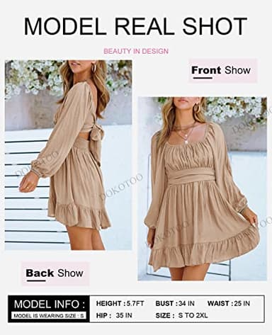 Dokotoo Beach Vacation Clothes for Women 2025 Square Neck Tie Backless Sexy Dresses Lantern Long Sleeve Summer Outifits Ruffle A-Line Beach Dress Casual Elastic Waist Mini Dress Large Khaki - Image 2