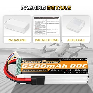 Youme 4S Lipo Battery, 14.8V Lipo 4S 6500mAh 80C with Tr Plug Fit for Maxx X-Maxx RC Buggy Truggy Crawler Truck Car, Helicopter, Airplane (2Packs) - Image 6