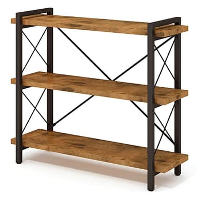 HCHQHS Bookshelf, 3-Tier Industrial Bookcase, Rustic Open Book Shelf, Wood and Metal Horizontal Bookshelves - Image 1