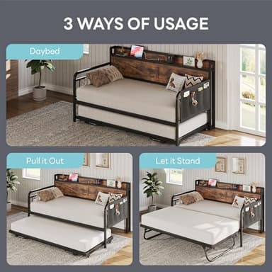 LIKIMIO Twin Daybed with Trundle Bed, Storage Headboard with Charging Station, Sofa Day Bed with Strong Supports for Living Room, Bedroom, and Guest Room, Industrial Brown - Image 4