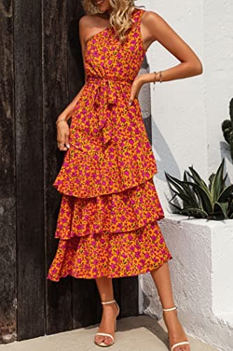 PRETTYGARDEN Women's Summer Floral Sundress Casual One Shoulder Tiered Ruffle Flowy Midi Beach Boho Dresses (Floral Orange Rose Red,Large) - Image 2