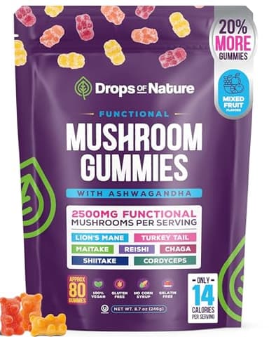 Ashwagandha Gummies and Lions Mane Mushroom Gummies Supplement - Organic - Reishi, Cordyceps, Turkey Tail, Maitake, Shitake, Chaga - Immune Defense, Boosts Cognitive Performance, Vegan, Low Carb - Image 1