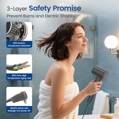 Hair Dryer with Diffuser,1-4min Fast Dry by 1400w, 3 Heat/Cool Wind Level,0.86lb Lightweight, 49db Low Noise, 2 Billion Plasma, Industry-Leading High-Speed Brushless Motor Blow Dryer for Home Travel - Image 6
