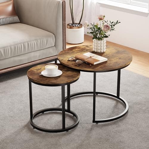 Smuxee Nesting Coffee Table Set of 2, 23.6" Round Coffee Table Rustic Wood Top with Adjustable Non-Slip Feet, Industrial End Table Side Tables for Living Room Bedroom Balcony Yard - Image 1