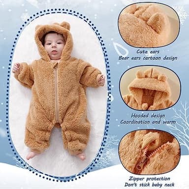 Newborn Baby Bear Outfit Suit Girls Boys Fleece Jumpsuit Romper Hooded Winter Snowsuit Clothes - Image 5