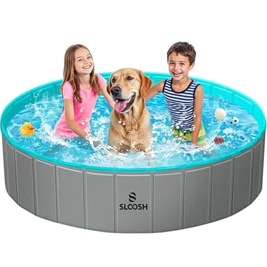 Sloosh Foldable Dog Kiddie Pool - Portable Hard Plastic Doggie Swimming Pool, Anti-Slip Collapsible Pets Bath Tub Suitable for Kids Indoor Outdoor Backyard Use (63" x 12", Grey) - Image 1