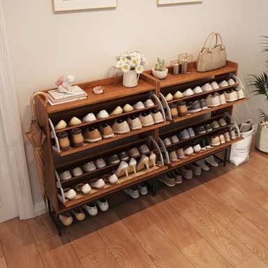 AVZEAR Narrow Shoe Storage Cabinet for Entryway with 2 Flip Drawers, Freestanding Shoe Cabinet with Natural Linen Panel, Slim Wood Shoe Organizer Closed Shoe Rack for Hallway, Foyer(Walnut) - Image 6