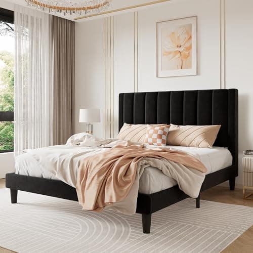SHA CERLIN Queen Bed Frame/Velvet Upholstered Platform Bed Frame with Headboard/Strong Wood Slats Support/Mattress Foundation/No Box Spring Needed - Black - Image 1
