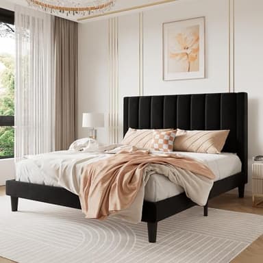 SHA CERLIN Queen Bed Frame/Velvet Upholstered Platform Bed Frame with Headboard/Strong Wood Slats Support/Mattress Foundation/No Box Spring Needed - Black - Image 1