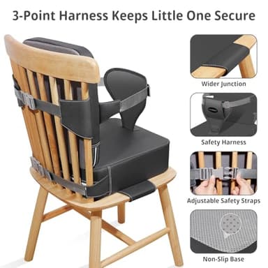 YONTINY Toddler Booster Seat for Kitchen Chair, 2-in-1 Dining Table Booster Seat with Backrest & Adjustable Straps – Easy-Clean, PU Portable Toddler Eating Travel Increasing Cushion - Dark Grey - Image 6