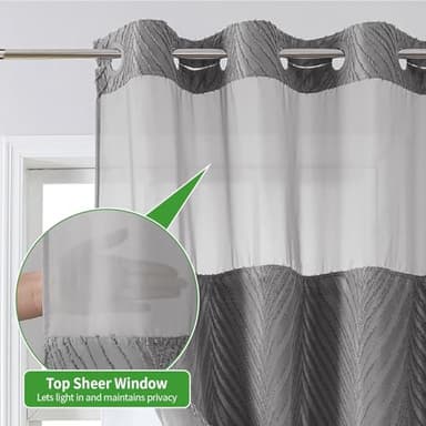 eachope no Hook Shower Curtain and Liner Set，Boho Style with See Through Top Window, Black Fabric Tufted Striped Textured Outer Curtain & Waterproof Inner Liner, Grey/Gray, 71Wx80H - Image 4