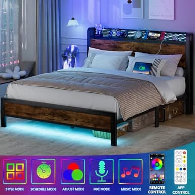 Furnulem Queen Bed Frame with Charging Station and LED Lights,Industrial Platform Beds Queen Size with Storage Headboard,USB Port,Rustic Wood and Strong Metal Support,No Box Spring Needed, Noise Free - Image 4