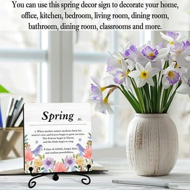 seclate Spring Decor, Spring Definition Wooden Sign, Spring Floral Desk Wood Decor with Iron Stand, Ideal Gifts Desk Decorations for Home Office Bedroom Shelf Table Centerpieces - B01 - Image 5