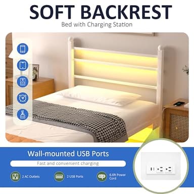 J.Fkne Twin Bed Frame with LED Lights & Charging Station, Metal Platform Bed with Headboard, Heavy Duty Metal Slats, No Box Spring Needed, Noise Free, Easy Assembly, White - Image 5