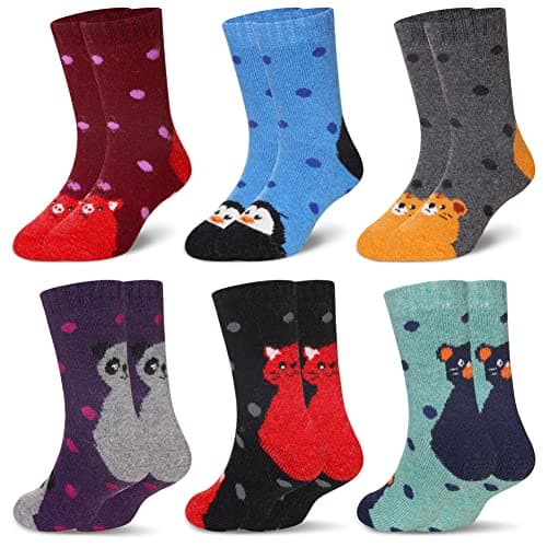 Eocom Kids Wool Socks For Boys Girls Warm Hiking Thermal Winter Cozy Soft Thick Toddlers Crew Boot Socks 6 Pairs(Dot Animal, 4-7 Years) - Image 1
