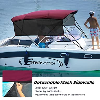 KAKIT 3 4 Bow Bimini Tops with Mesh Sidewalls Support Poles for Boats Marine Grade Canvas Top Includes 2 Straps Storage Boot 1 Inch Aluminum Frame - Image 3
