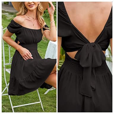 EXLURA Women's 2024 Summer Short Puff Sleeve Casual Short Mini Dresses Tie Back Square Neck A-Line Sundress - Image 3