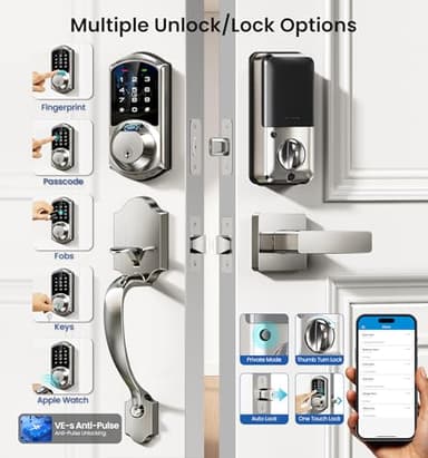 Veise VE07-H Fingerprint Smart Locks for Front Door with Handle Set, App Control, Keyless Entry Keypad Deadbolt, Digital Electronic Touchscreen, Easy Install, Auto Lock, Satin Nickel - Image 2