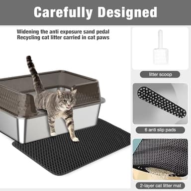 Suhaco Stainless Steel Litter Box Side Entry, Kitty Black Litter Mat and White Scoop Included Covered Metal High Sided Large Cat Litter Box with Lid Removable Enclosure for Medium Cats (Black) - Image 3
