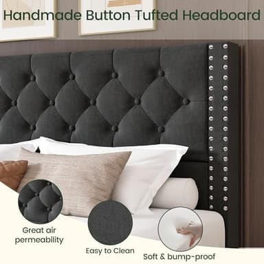 LARMACE Queen Size Bed Frame with 4 Storage Drawers and Tufted Headboard Linen Upholstered Platform Bed Frame with Heavy Duty Wood Slats, No Box Spring Needed, Easy Assembly, Grey - Image 3