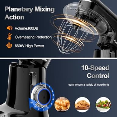 Honinst Stand Mixer, 6.5QT 10-Speed Tilt-Head Electric Stand Mixer, 3-In-1 Kitchen Mixer with Bowl, Dough Hook, Whisk and Beater, Food Mixer for Baking, Cake and Most Home Cooks, Black - Image 4