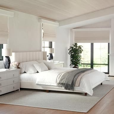 Martha Stewart Kay Low Profile Platform Bed with Wingback Headboard, Channel Stitched Faux Linen Upholstery, No Box Spring Needed, King, Beige - Image 1