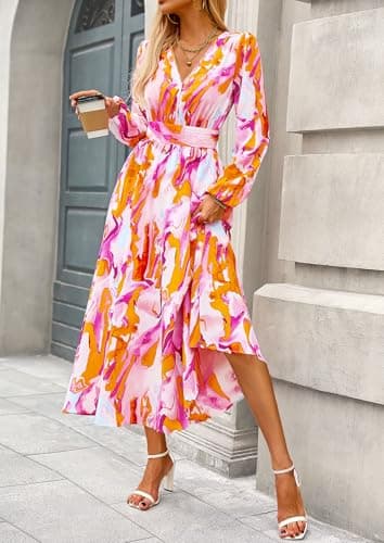 PRETTYGARDEN Women's Spring Floral Midi Dress Casual Fall V Neck Long Sleeve Flowy Beach Wedding Guest Vacation Dresses (Multicolored Print,XX-Large) - Image 4