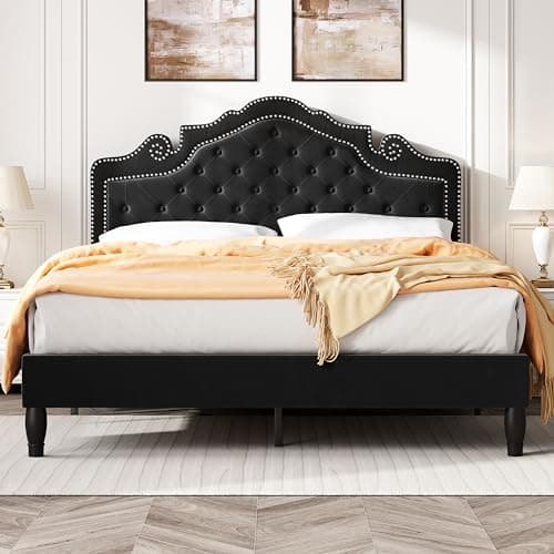 SHA CERLIN Queen Bed Frame with Adjustable Headboard/Velvet Upholstered/Diamond Button Tufted and Metal Studs/No Box Spring Needed/Wood Slat Support/Easy Assembly/Black - Image 1