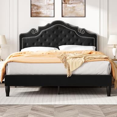 SHA CERLIN Queen Bed Frame with Adjustable Headboard/Velvet Upholstered/Diamond Button Tufted and Metal Studs/No Box Spring Needed/Wood Slat Support/Easy Assembly/Black - Image 1